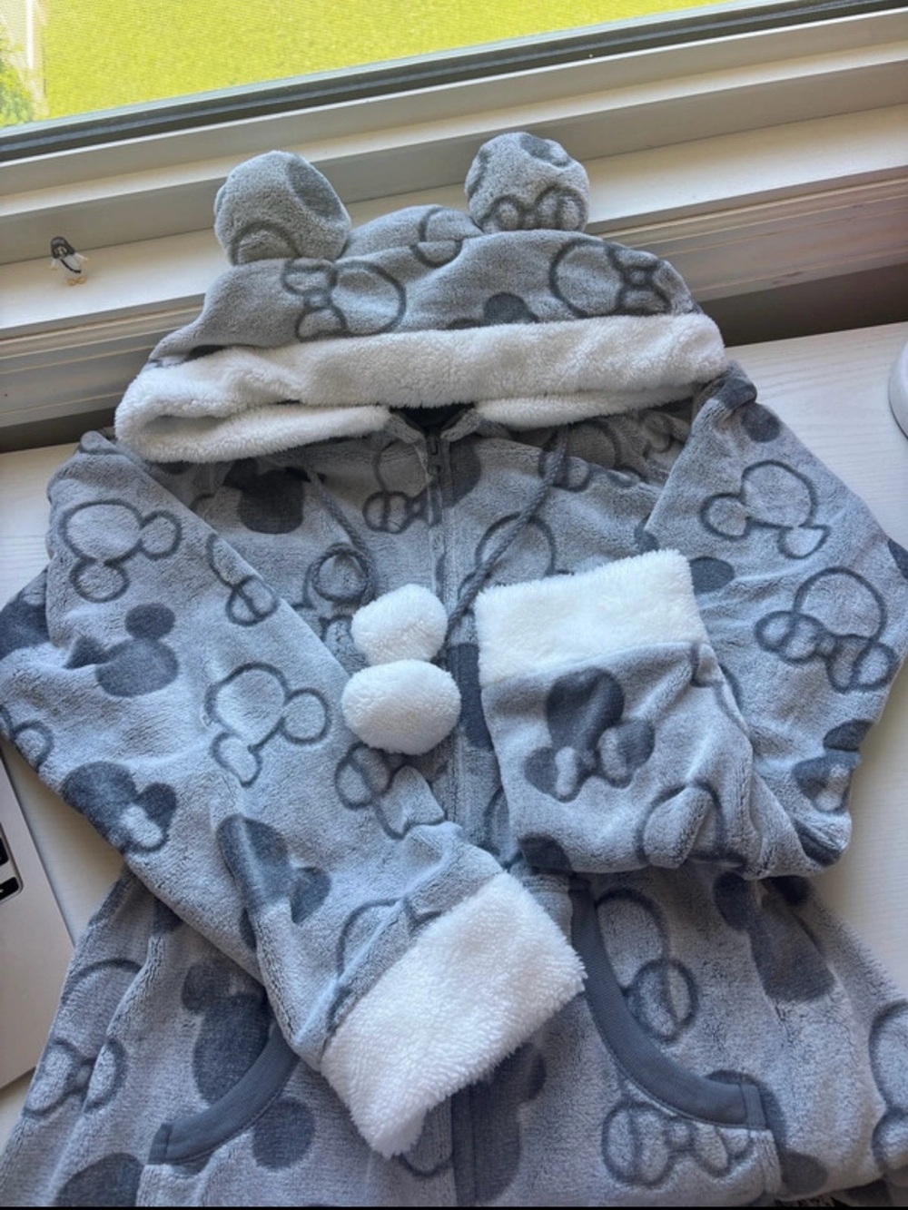 Disney Gray Plush Hooded Mickey Fleece Zip Onesie
